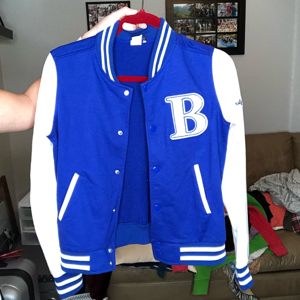 Blue and white varsity jacket